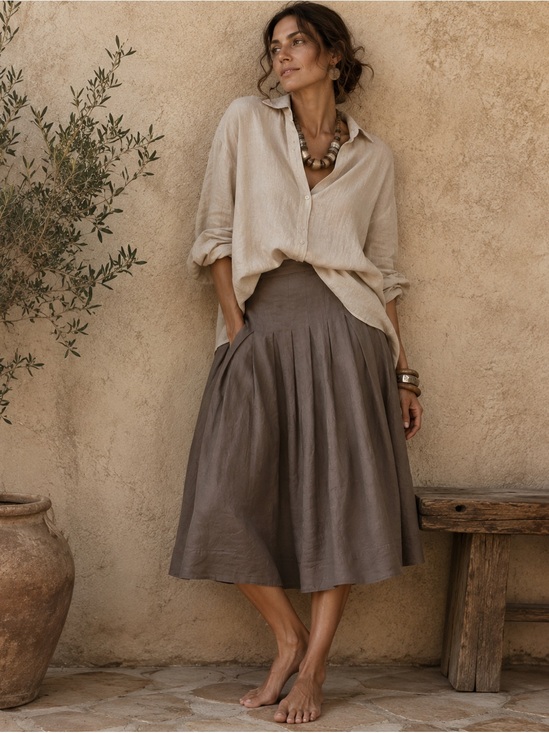 Gunex Dresses & Skirts - GUNEX Made in Italy Pleated Linen Skirt Taupe Brown Lined European
